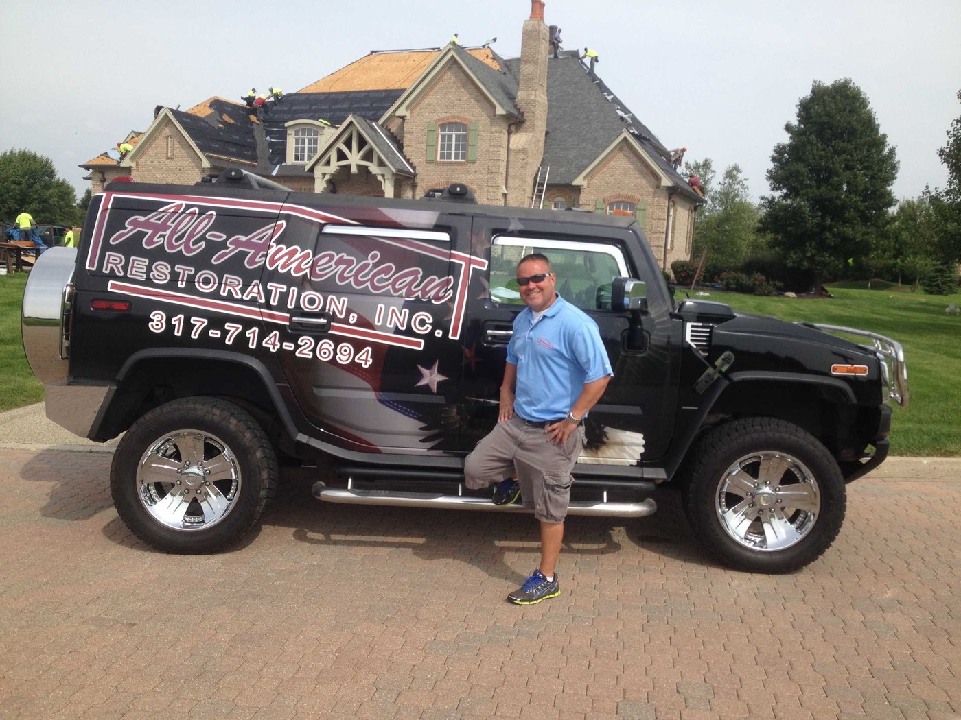 Brad and the All-American Restoration truck at a custom home roof replacement in Central Indiana