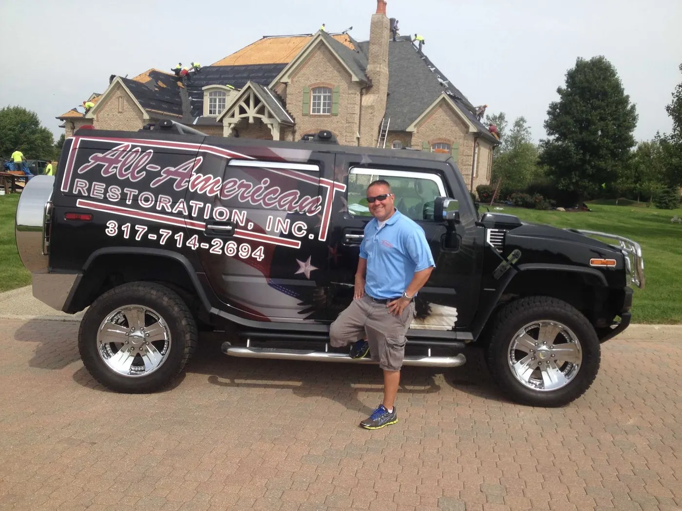 Brad and the All-American Restoration truck at a custom home roof replacement in Central Indiana