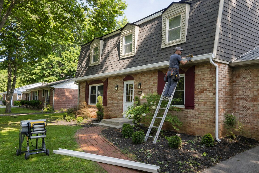 Seamless gutter installation on a brick Central Indiana home