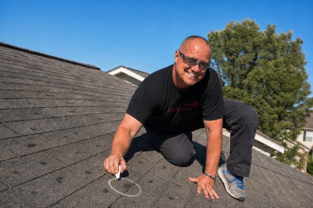 Brad VanBibber chalk-marking hail damage during a free roof inspection