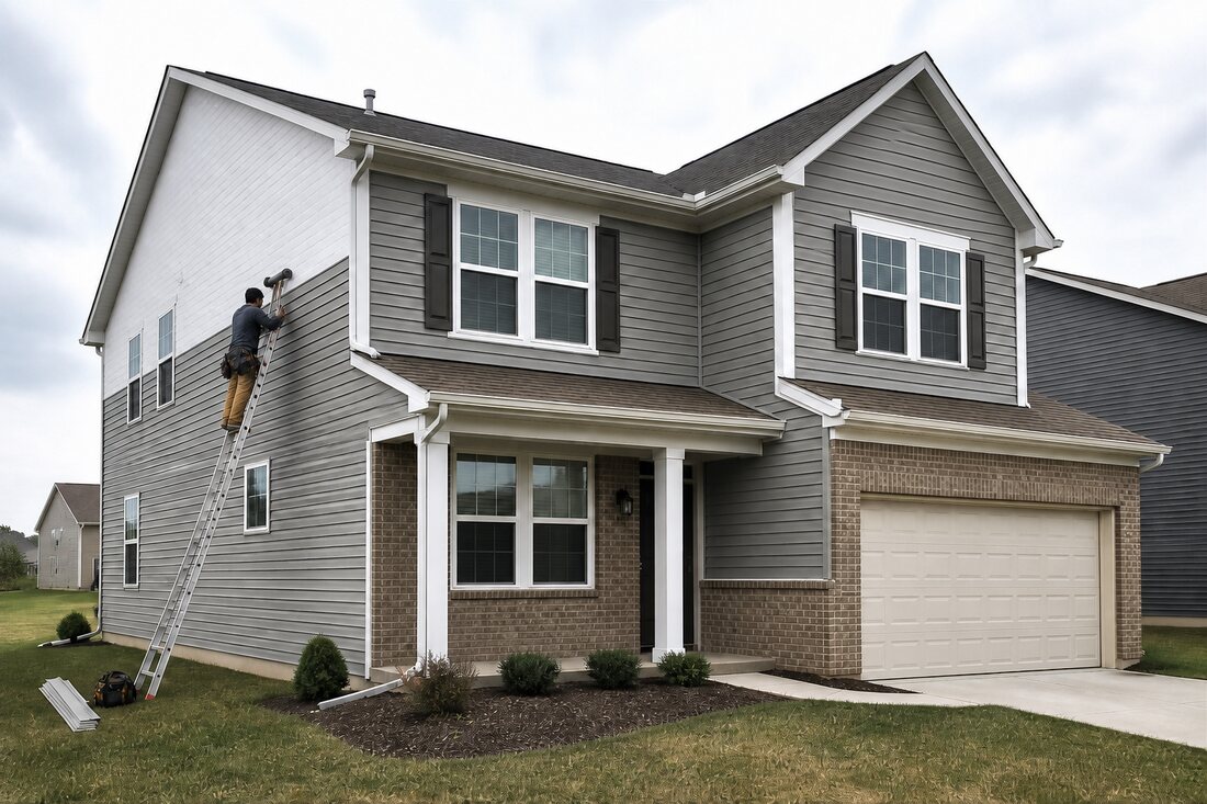 Siding replacement in progress on a two-story home